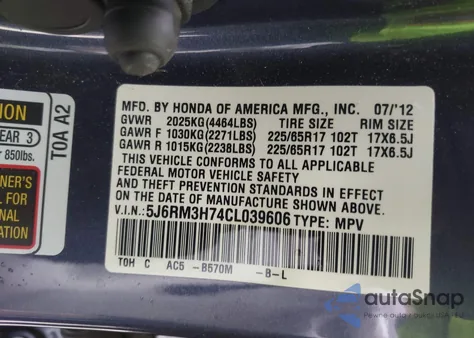 2012 Honda Cr-V Ex-L z USA, uszkodzony, nr VIN 5J6RM3H74CL039606